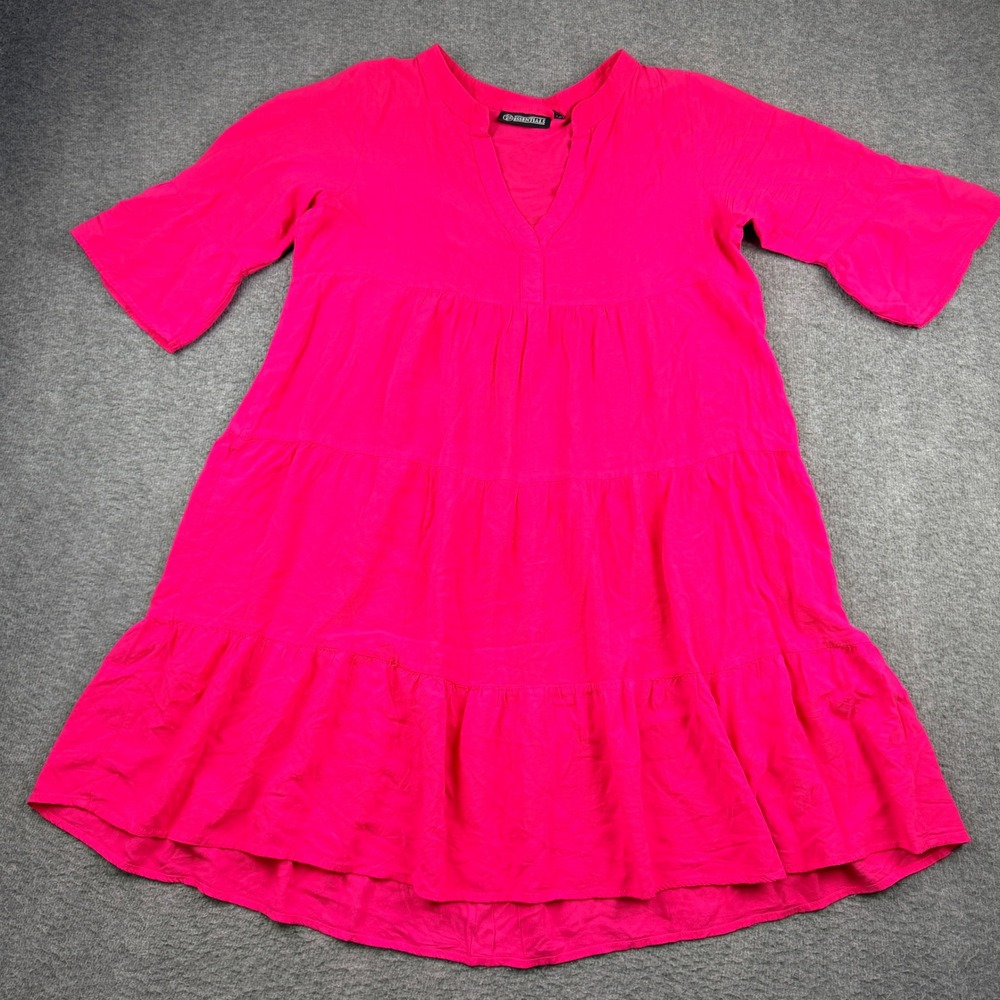 Essentials Womens Hot Pink Tiered Babydoll Dress V-Neck Bell Sleeve Medium